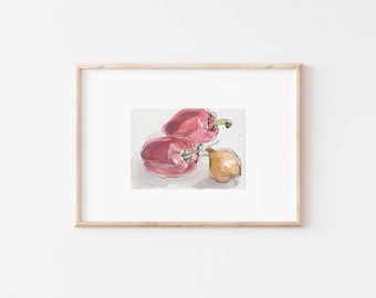 Original Stillllife Watercolor – "Red peppers and onion"- A6, 5.8" x 4.1" by Catalina S.A