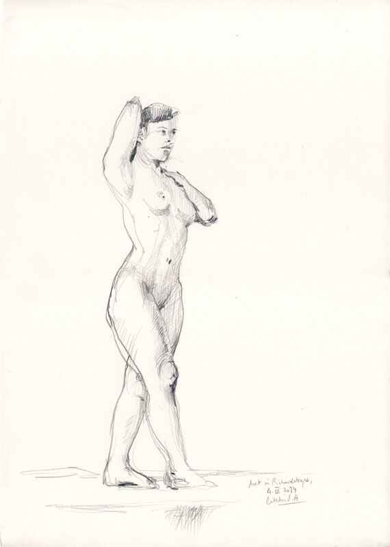 Kobieta Nude N 14 Oryginalne Kobiece Nude Rysunek Ołówkiem Portret Stojącej Kobiety Nude Rysunek Przez Catalina