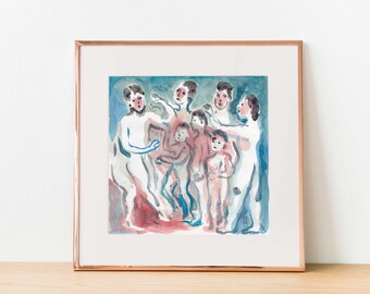 Acuarela ORIGINAL "Retrato familiar": extraña ilustración familiar, pintura surrealista en papel cuadrado de 5,9" x 5,9".