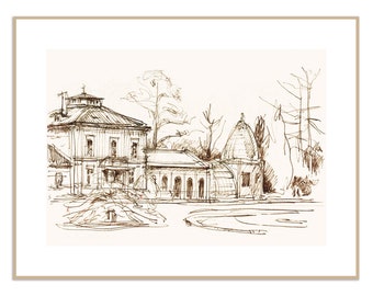 Classic architecture sketch - PRINT of my architecture line drawing on location in Palmengarten Frankfurt. Sepia ink drawing by Catalina.