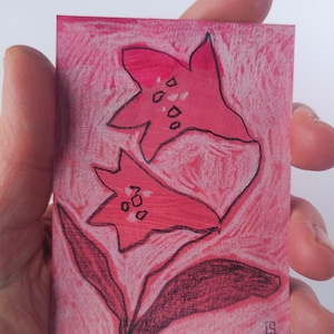 Kleinformat Malerei ORIGINAL, graphische Blumen in Pink Hintergrund