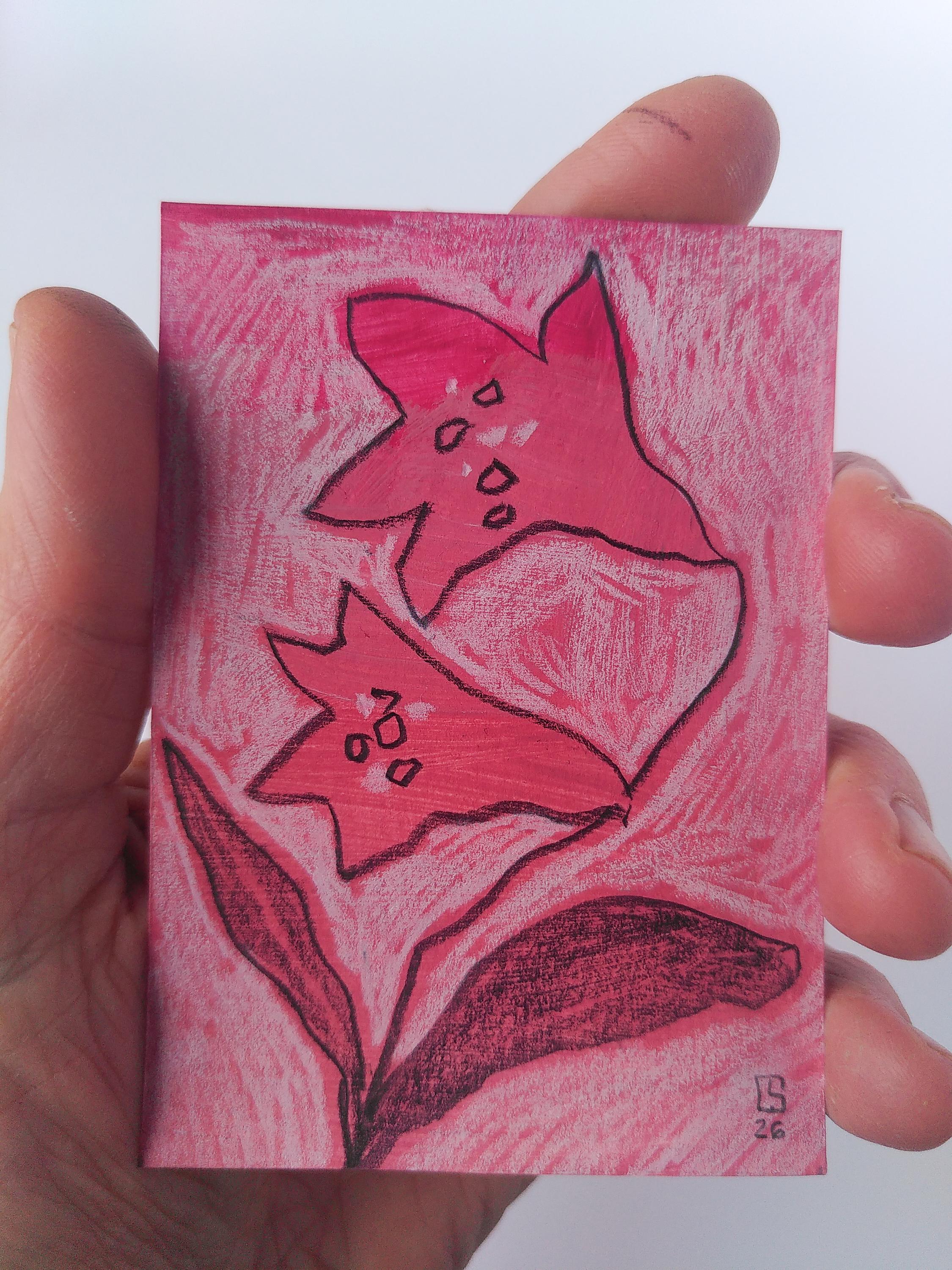 ACEO original tiny painting Series "Pink Bloom" 2.5"x3.5" cards with flowers motifs