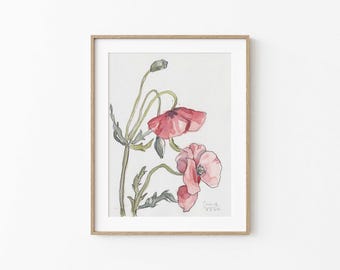 ORIGINAL pencil and watercolor drawing, Red Poppy flowers No.2, A5 paper- 5.8" x 8.3", 14.8 x 21.0 cm