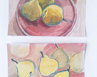 Bodegón original de peras – Acuarela y gouache (tamaño A5, 2026)