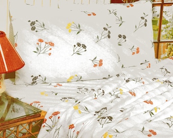 Vintage '70s Heritage Twin Sheet Set Anemone Flowers Cottage Chic Flat Fitted Pillowcase Heritage II NOS Bedding or Craft Fabric