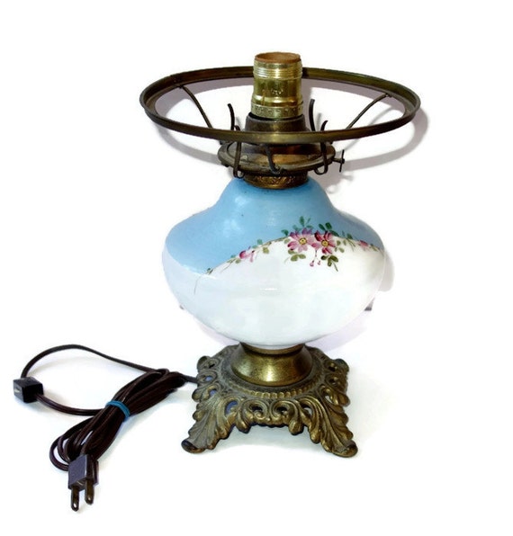 Antique Victorian Milk Glass Hurricane Parlor Table Lamp Base Oil To Electric Sky Blue White Hand Painted Flowers No Shade