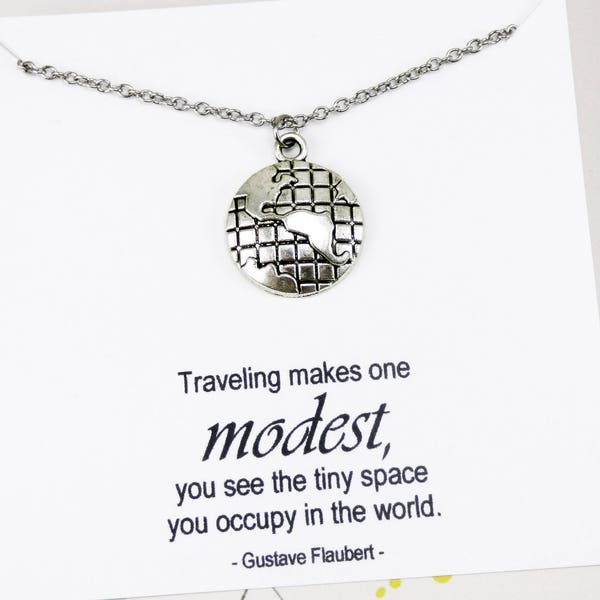 World Travel Necklace, silver globe jewelry, wanderer, inspirational jewelry with meaning, meaningful birthday gifts, stainless steel