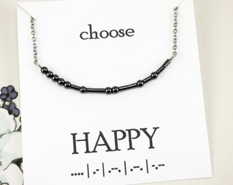 Choose Happy Necklace, morse code necklace, secret message, hidden message, jewelry with a message, motivational gifts, inspirational