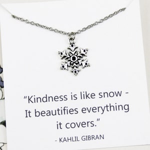 Silver Snowflake Necklace, personalized snowflake jewelry, winter kindness necklace, inspirational jewelry gifts, meaningful quote necklaces