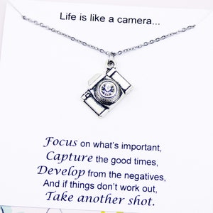 Silver Camera Necklace, camera jewelry, photographer, life, moment, inspirational, stainless steel, personal, meaningful, gifts, friend image 1