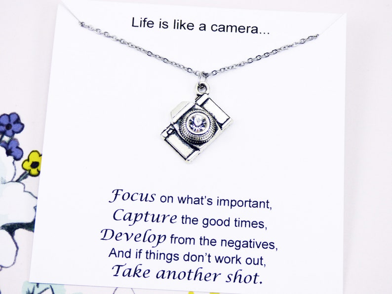 Silver Camera Necklace, camera jewelry, photographer, life, moment, inspirational, stainless steel, personal, meaningful, gifts, friend image 1