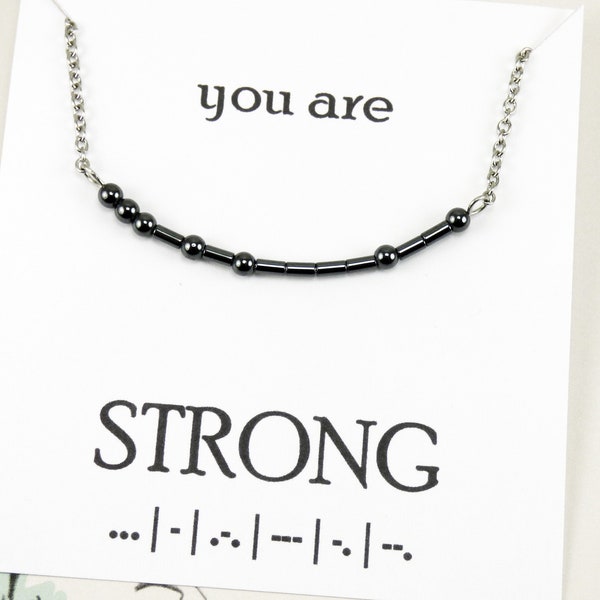 You are Strong Morse Code Necklace, workout necklace, strength, strong jewelry, hematite, inspirational jewelry with meaning, motivational