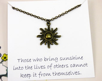 Sun Necklace, sunshine jewelry, inspirational necklace with meaning, meaningful gifts under 10 dollars, message card necklace, bff presents
