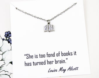 Silver Book Necklace, library book jewelry with a message, book lover gifts for her, book nerd necklace, meaningful, inspirational, reader