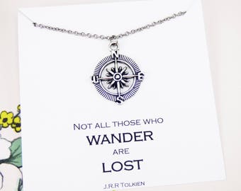 Silver Compass Necklace, inspirational necklace, jewelry with meaning, not all who wander are lost, travel necklace, wanderer jewelry, gifts
