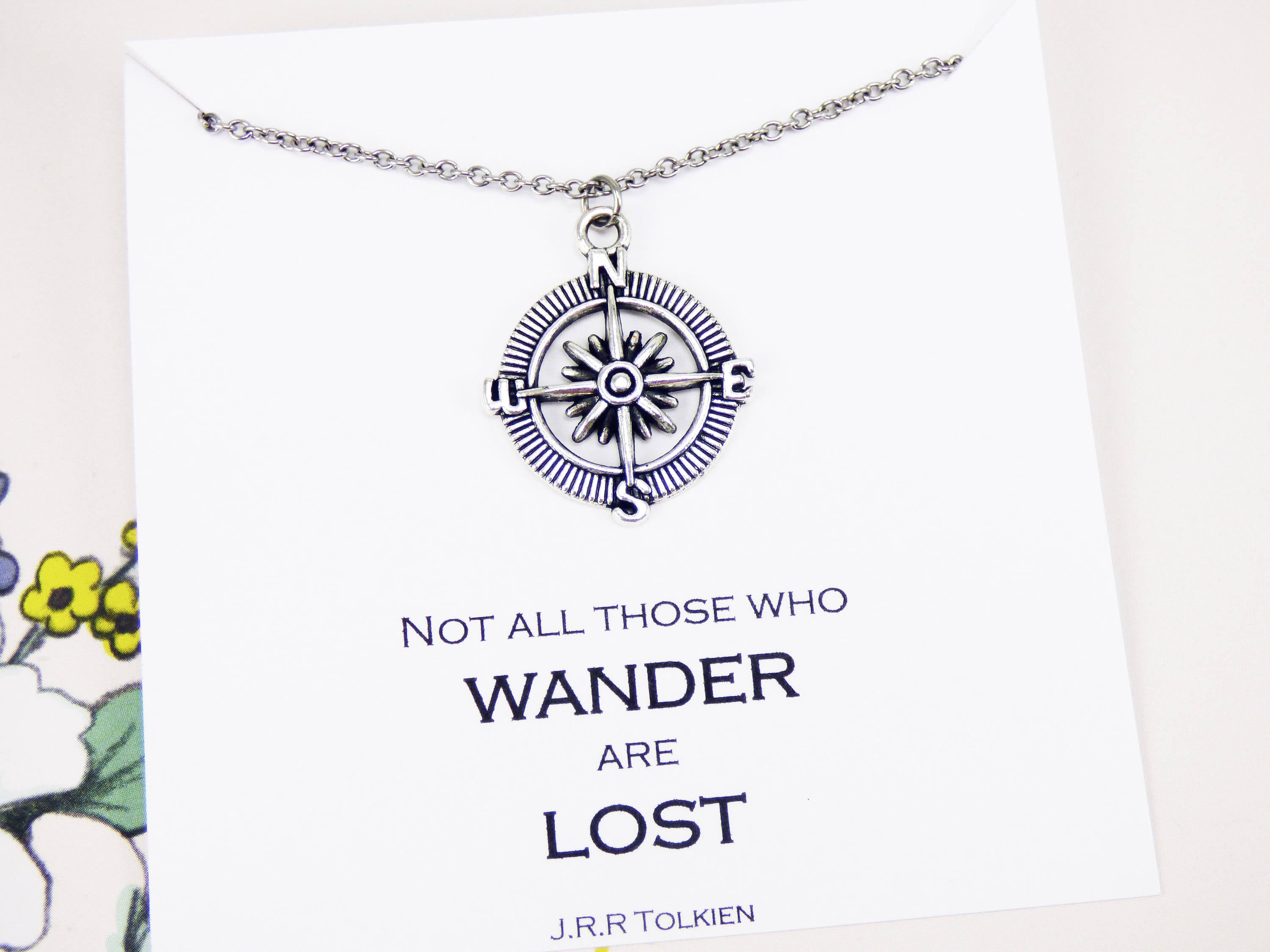 Silver Compass Necklace, inspirational necklace, jewelry with meaning, not  all who wander are lost, travel necklace, wanderer jewelry, gifts