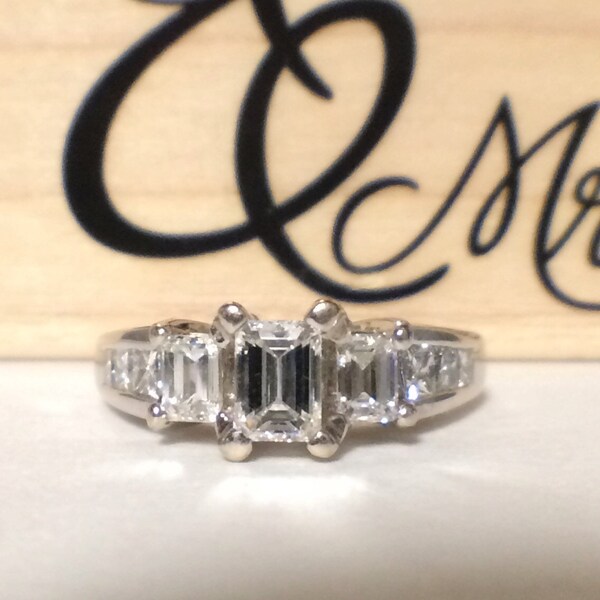 Emerald Cut Diamond Engagement Ring In 18 Karat White Gold 3 Stone Anniversary Band Rectangular Cut Natural Diamond 1 Carat Engagement Ring