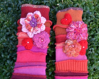 lined fingerless gloves Katwise style arm warmers wrist warmers flower hippie boho / best gift