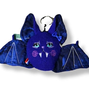 Bat Keychain ornament, handmade with re-purposed felted wool and quilt fabric