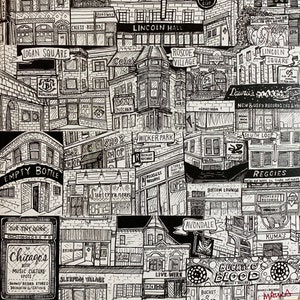 May include: A black and white illustration of a map of Chicago, Illinois, with various neighborhoods and record stores highlighted. The map includes the names of neighborhoods such as Logan Square, Lincoln Park, Wicker Park, and Avondale. The map also includes the names of record stores such as Reckless Records, Empty Bottle, and Schubas.