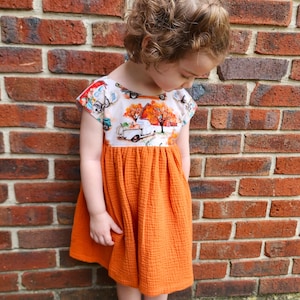 Girls fall dress, girls orange gauze dress, vintage truck dress, kids pumpkin dress, girls fall outfit, girls autumn dress