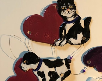 Personalizable Black & White Dog Or Harlequin Cat Ceramic Wind Chime for Pet Lovers - with Dog Bones or Fish Bones and Hearts -Pet Memorial