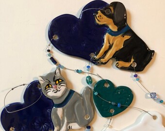 Personalizable Black & Tan Dog Or Blue Russian Cat Ceramic Wind Chime for Pet Lovers - with Dog Bones or Fish Bones and Hearts -Pet Memorial