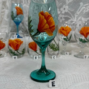 Hand Painted Glassware California Poppy Designs to Make Your Table POP Stemmed Stemless Wine Glass Goblet Flute Spring Glassware E.AQUA GRN Stem 13oz