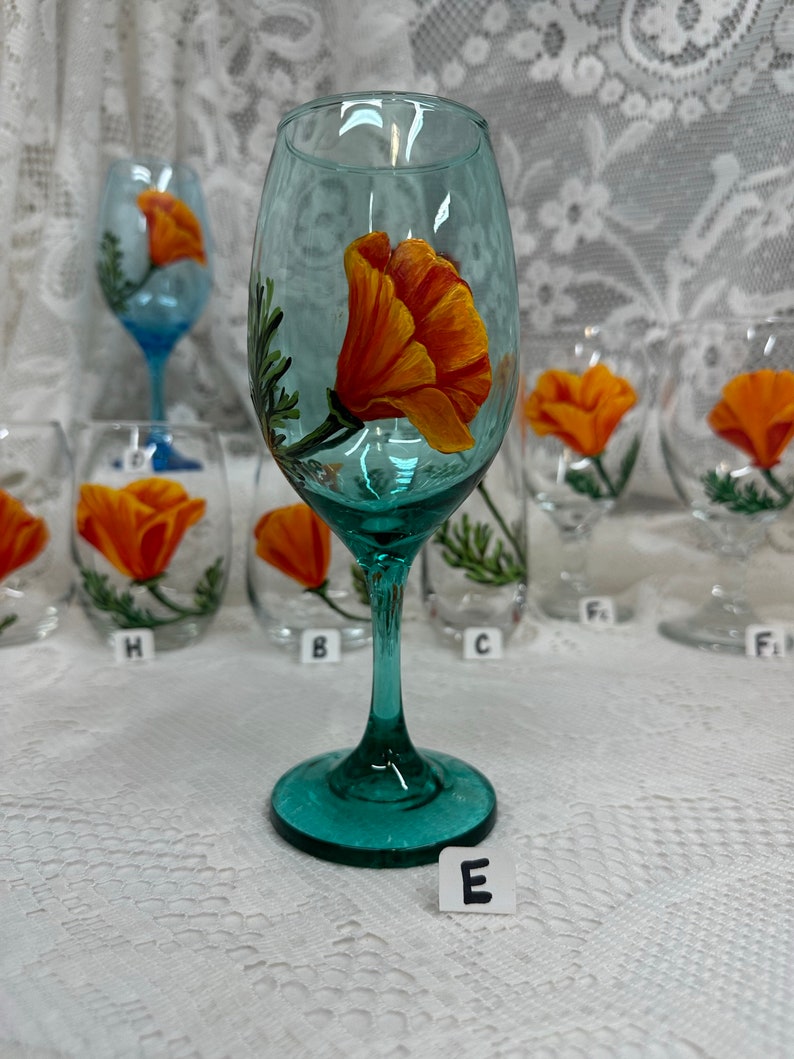 Hand Painted Glassware California Poppy Designs to Make Your Table POP Stemmed Stemless Wine Glass Goblet Flute Spring Glassware E.AQUA GRN Stem 13oz