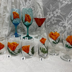 Hand Painted Glassware California Poppy Designs to Make Your Table POP Stemmed Stemless Wine Glass Goblet Flute Spring Glassware image 1