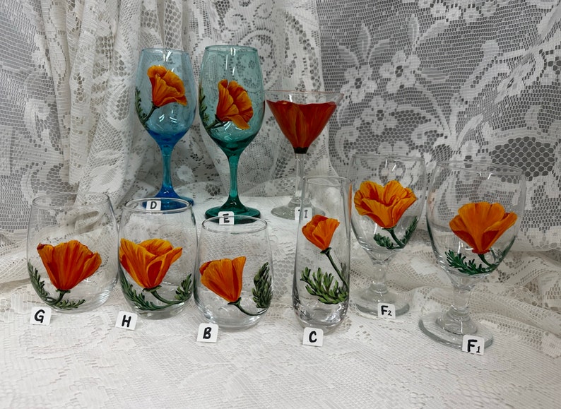 Hand Painted Glassware California Poppy Designs to Make Your Table POP Stemmed Stemless Wine Glass Goblet Flute Spring Glassware image 1