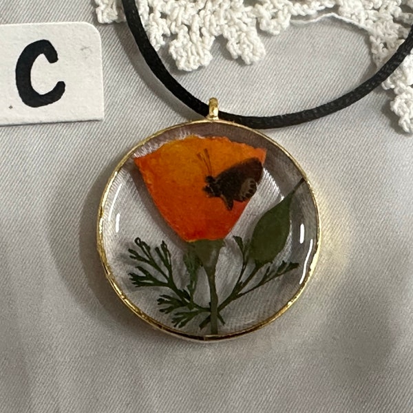 A-C Genuine California Poppy Necklace with Real Pygmy Butterfly, Color Enhanced to Remain Brilliant, Simple Design, Round/Teardrop Shape