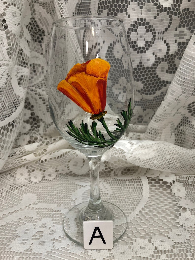 Hand Painted Glassware California Poppy Designs to Make Your Table POP Stemmed Stemless Wine Glass Goblet Flute Spring Glassware A. CLR Stemmed 13oz