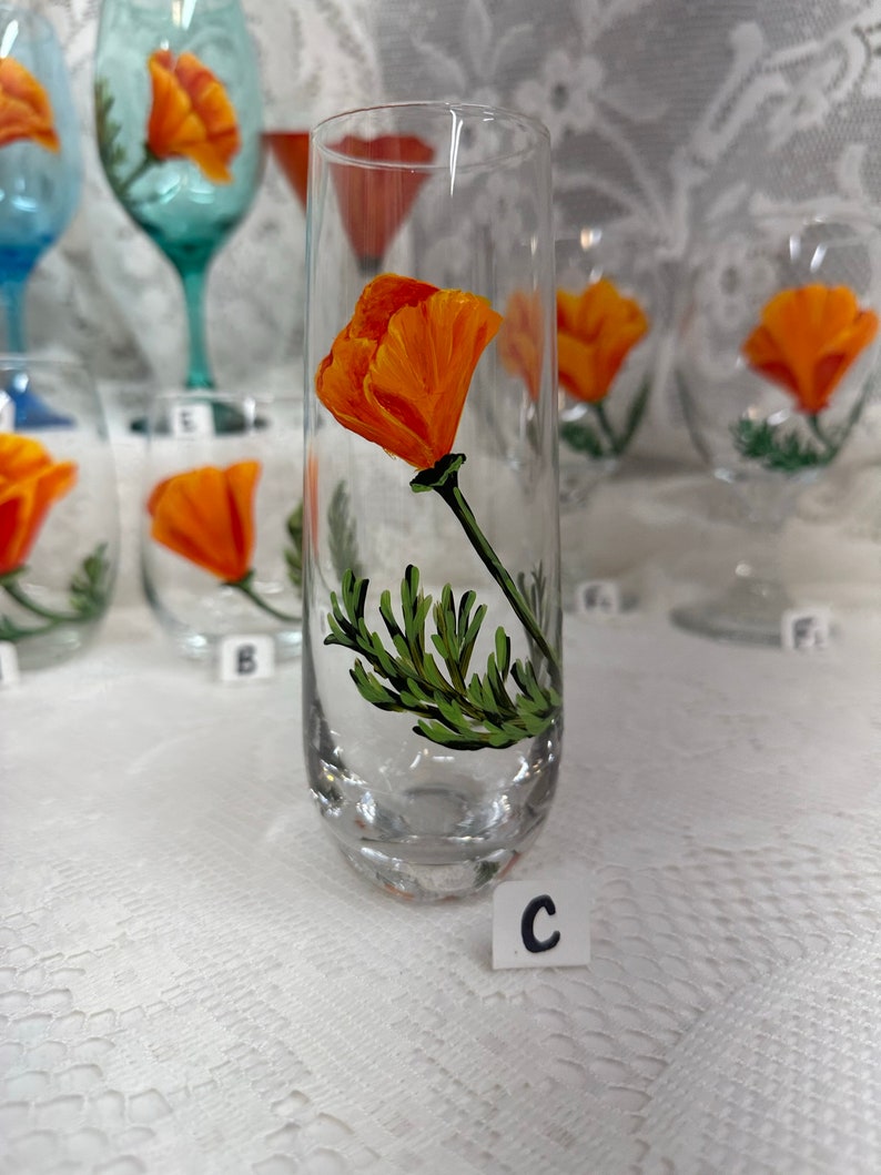 Hand Painted Glassware California Poppy Designs to Make Your Table POP Stemmed Stemless Wine Glass Goblet Flute Spring Glassware C.CLR Stemless FLUTE