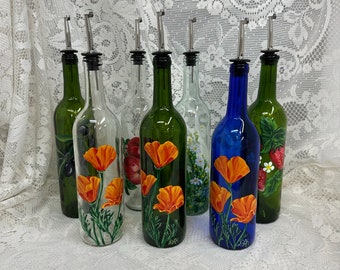 DECANTER Bottle with Spout, Hand Painted Vinegar or Oil - 750 ml Full-sized Wine bottle Olive Strawberry California Poppy Apple Daisy Design