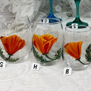 Hand Painted Glassware California Poppy Designs to Make Your Table POP Stemmed Stemless Wine Glass Goblet Flute Spring Glassware image 3