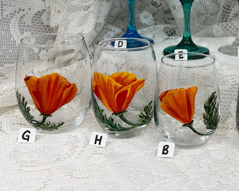 Hand Painted Glassware California Poppy Designs to Make Your Table POP Stemmed Stemless Wine Glass Goblet Flute Spring Glassware image 3