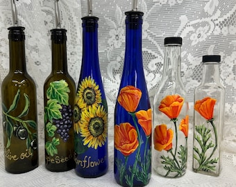 Gourmet Chef OIL DECANTERS - Hand-painted California Poppy, Grape Seed, Olive Oil or Sunflower Design - 375ml 1/2 Bottles Flip or Screw-top