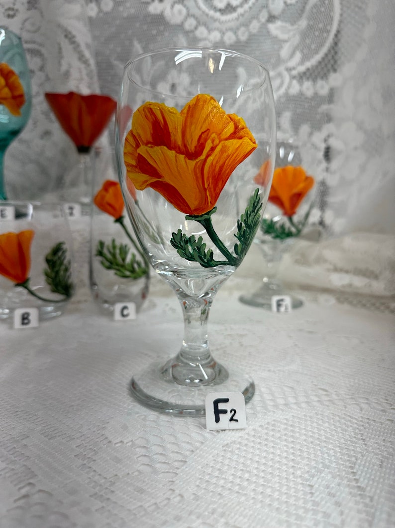 Hand Painted Glassware California Poppy Designs to Make Your Table POP Stemmed Stemless Wine Glass Goblet Flute Spring Glassware F2. CLR Goblet 16oz