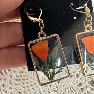 California Poppy Flower Earrings - Hypoallergenic Gold Lever Back - Genuine Preserved Blooms in Resin, Color Enhanced to Remain Brilliant