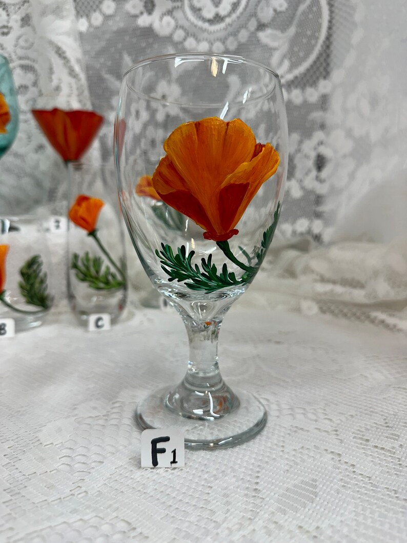 Hand Painted Glassware California Poppy Designs to Make Your Table POP Stemmed Stemless Wine Glass Goblet Flute Spring Glassware F1. CLR Goblet 16 oz