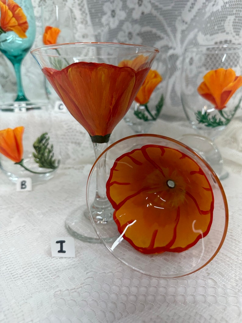 Hand Painted Glassware California Poppy Designs to Make Your Table POP Stemmed Stemless Wine Glass Goblet Flute Spring Glassware I. DOUBLE Martini