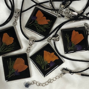 California Poppy Flower Necklace - Genuine Preserved Poppy Blooms in Clear and Black Resin, Color Enhanced to Remain Brilliant, Satin Cord