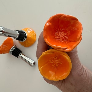 Wine Bottle Stopper - Ceramic California Poppy Bloom - Hand Sculpted in Yellow Orange or Deep Orange