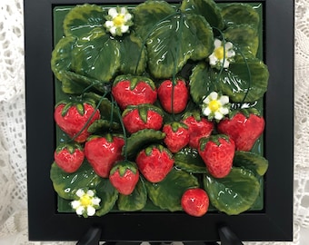 3-D Ceramic Strawberry Tile Wall Art - Glossy Ceramic Strawberries Blossoms and Leaves - Framed and Ready to Hang