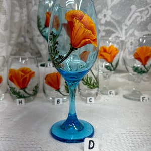 Hand Painted Glassware California Poppy Designs to Make Your Table POP Stemmed Stemless Wine Glass Goblet Flute Spring Glassware D. BLUE Stem 13oz