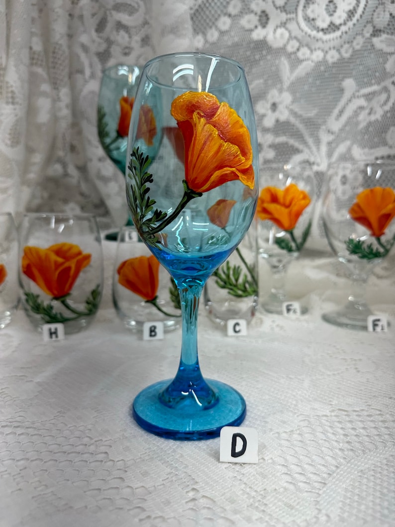 Hand Painted Glassware California Poppy Designs to Make Your Table POP Stemmed Stemless Wine Glass Goblet Flute Spring Glassware D. BLUE Stem 13oz