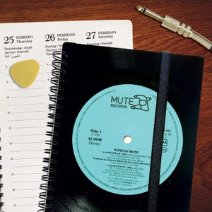 Könnte beinhalten: Eine schwarze Schallplatte mit einem blauen Label. Das Label trägt den Text "Mute Records" und "Side 1 (11:08) 45 RPM Stereo" sowie den Titel "Depeche Mode" mit den Songtiteln "A Question of Time (New Town Mix)" und "A Question of Time (Live)".