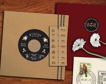 Vinyl Wedding Invitations with timeline || Kraftpaper Record Invitation | Real Vinyl Invite | Kraft Paper Invite | Tag & Twine | Phonoboy