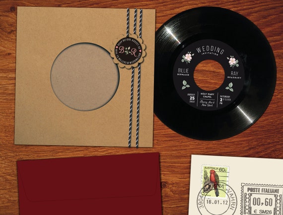 10 Wedding Invitations made from real Record with personalized labels and envelopes